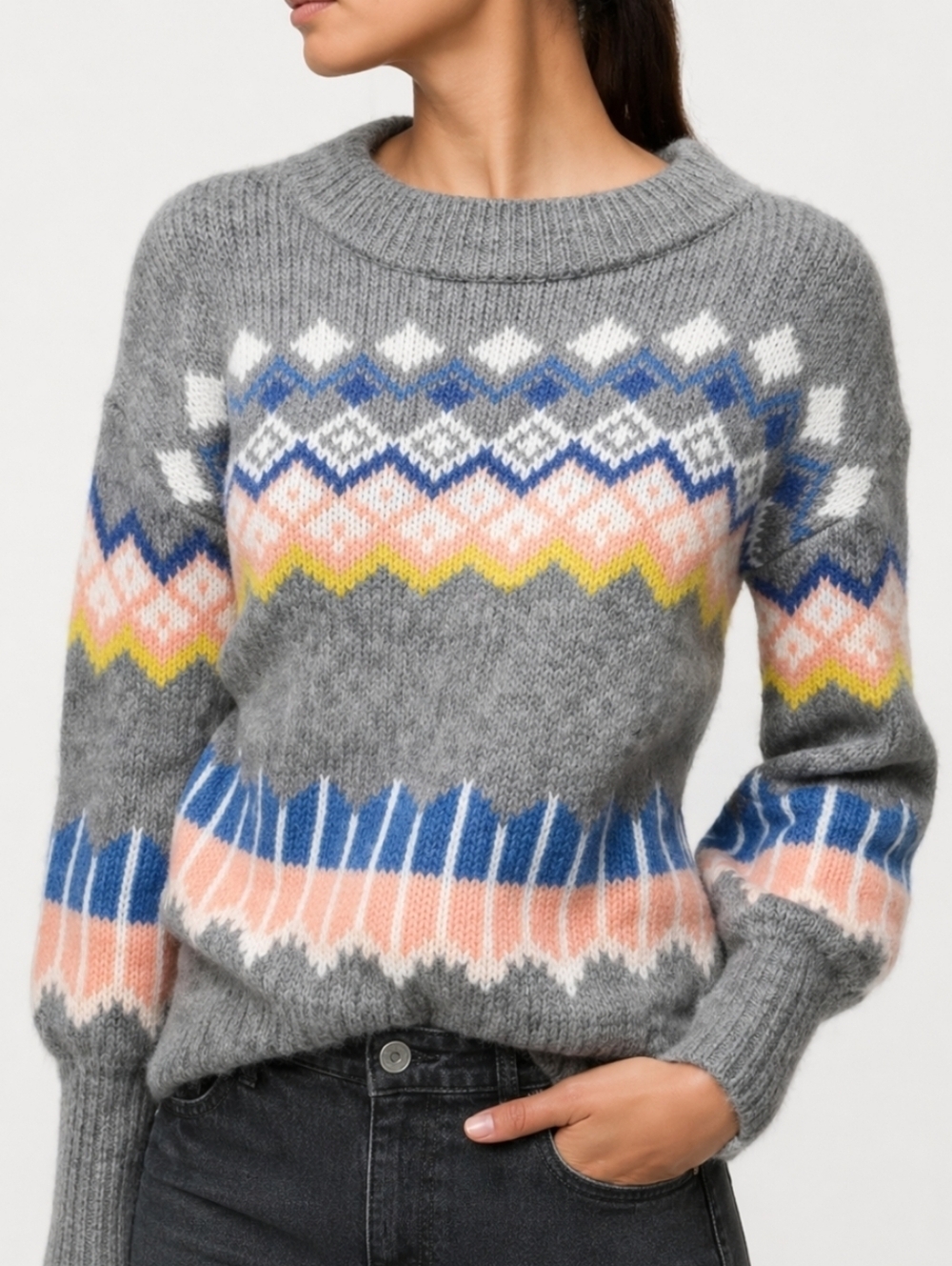 Loft Petite Wool Blend Grey Multi-Color Fair Isle Crew Neck Pullover Swe…